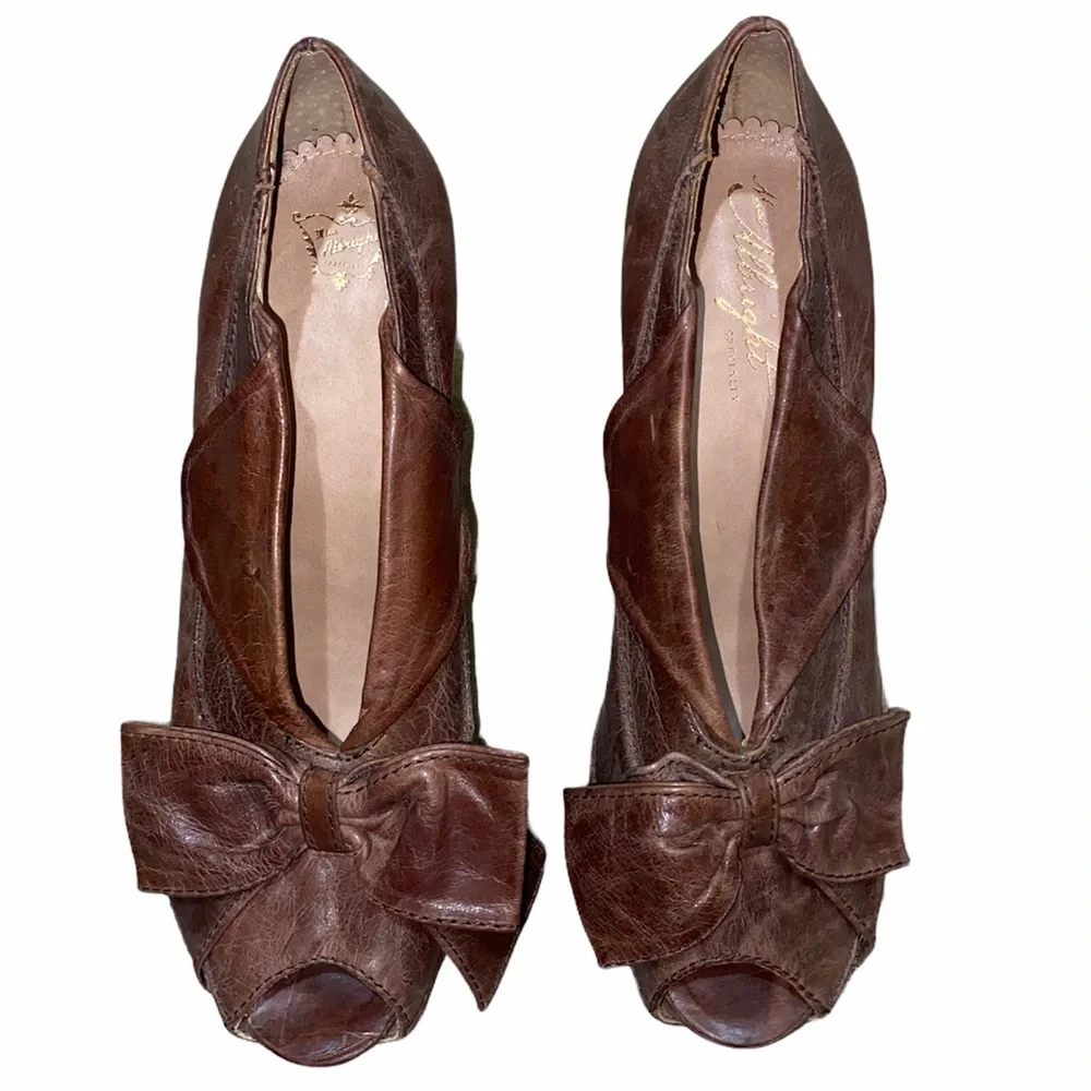 Miss Albright Brown Leather Bow Peep Toe Heels sz 7.5